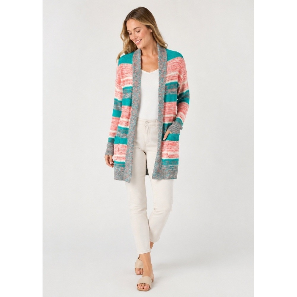 J. Jill Cardigan Sweater Womens Small Pink Green Striped Open Front Pockets